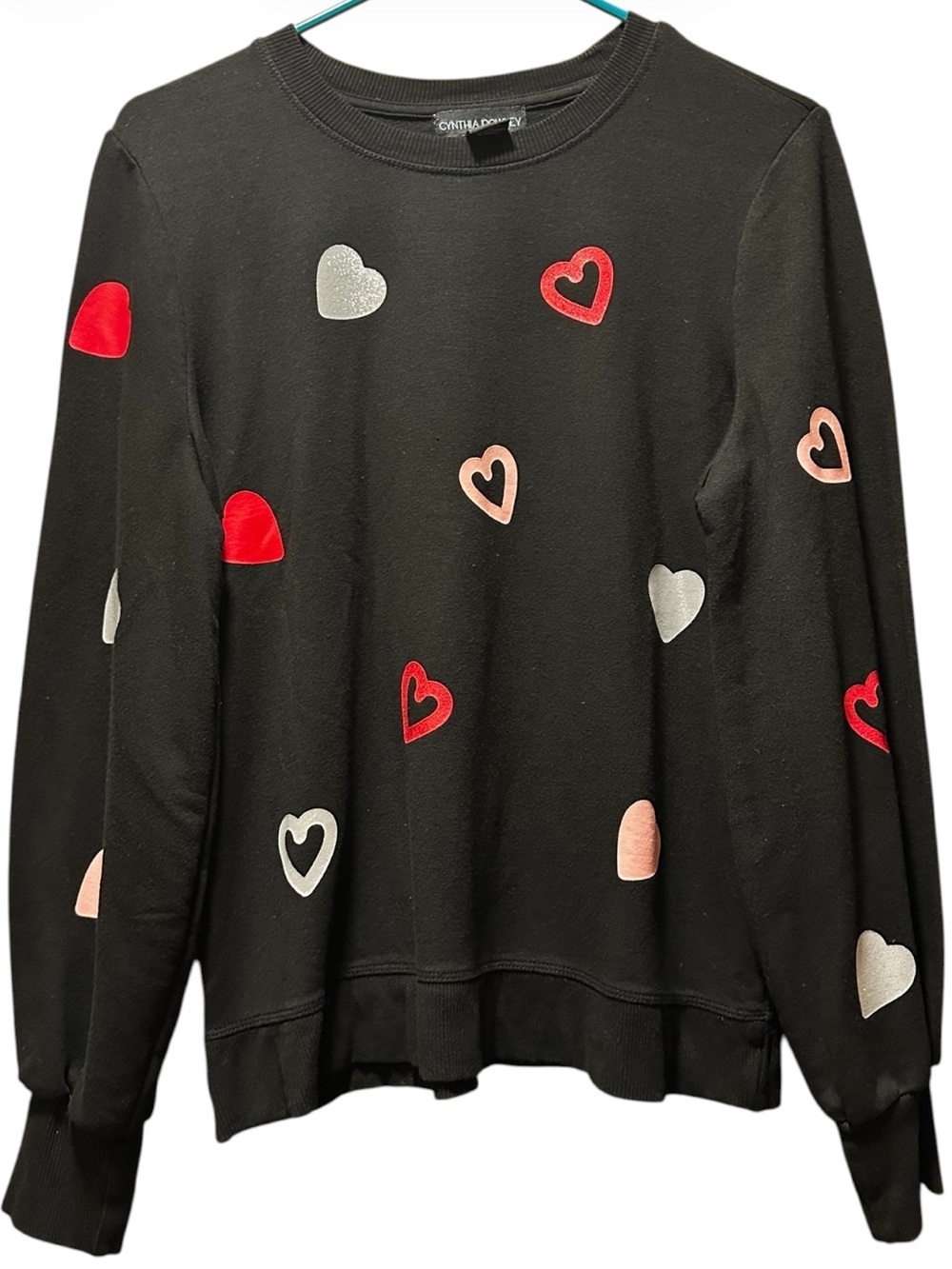 Cynthia Rowley Black Crewneck Sweater with Red, Pink and Silver Hearts